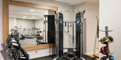 well equipped fitness center at Hilton Garden Inn Bucharest Old Town.