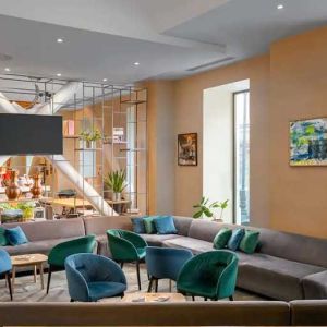 comfortable lobby and coworking space at Hilton Garden Inn Bucharest Old Town.