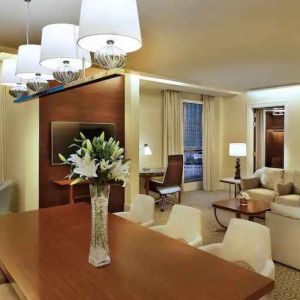 Living room with working station at the Conrad Makkah.