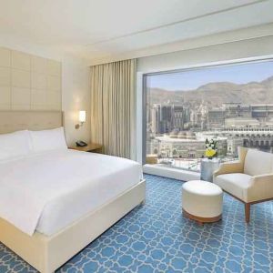 King bedroom with view at the Hilton Makkah Convention Hotel.