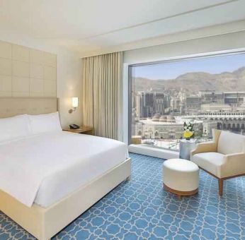 King bedroom with view at the Hilton Makkah Convention Hotel.