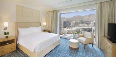 King bedroom with view at the Hilton Makkah Convention Hotel.