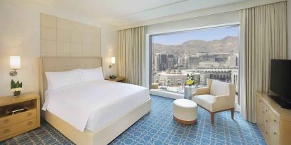 King bedroom with view at the Hilton Makkah Convention Hotel.