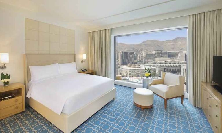 King bedroom with view at the Hilton Makkah Convention Hotel.