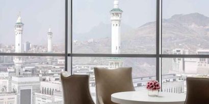 Working station along the window at the Hilton Makkah Convention Hotel.