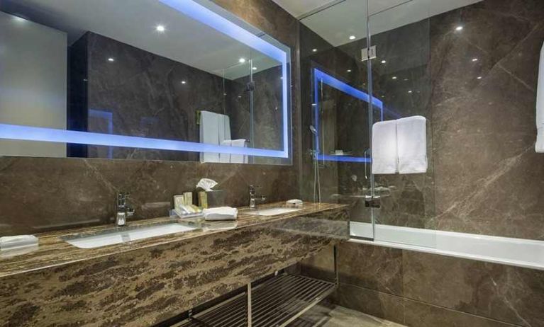 spacious king bathroom with shower and bath at Hilton Garden Inn Istanbul Ataturk Airport.