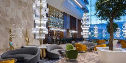 comfortable lobby and lounge area ideal for coworking at Hilton Astana.