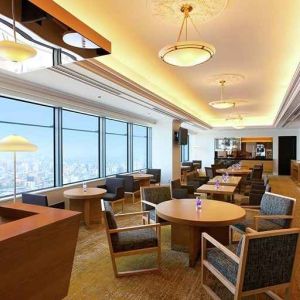 comfortable and spacious lobby and coworking space with lovely city views at Hilton Fukuoka Sea Hawk.