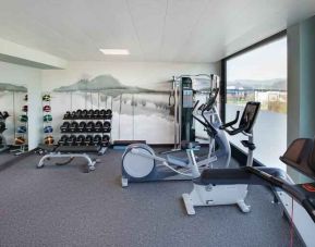 Fitness center with weights and machines at the Hilton Garden Inn Zurich Limmattal.