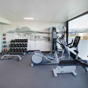 Fitness center with weights and machines at the Hilton Garden Inn Zurich Limmattal.