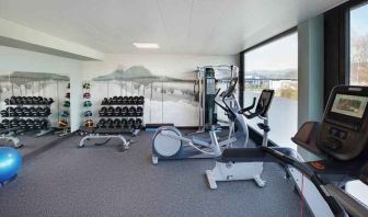 Fitness center with weights and machines at the Hilton Garden Inn Zurich Limmattal.