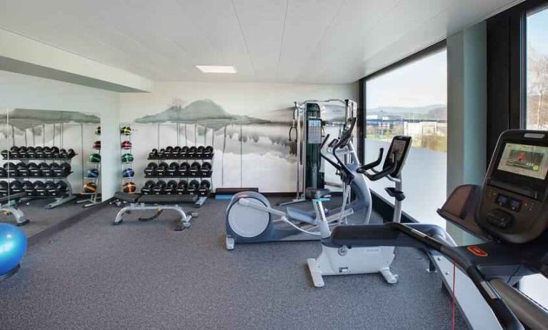 Fitness center with weights and machines at the Hilton Garden Inn Zurich Limmattal.