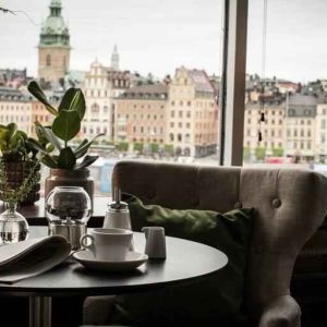 Working station overlooking the city at the Hilton Stockholm Slussen.