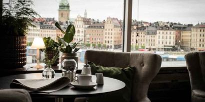 Working station overlooking the city at the Hilton Stockholm Slussen.