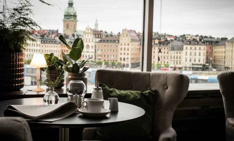 Working station overlooking the city at the Hilton Stockholm Slussen.