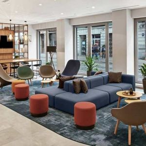 comfortable and spacious lobby and coworking space at Hilton Garden Inn Riga Old Town.