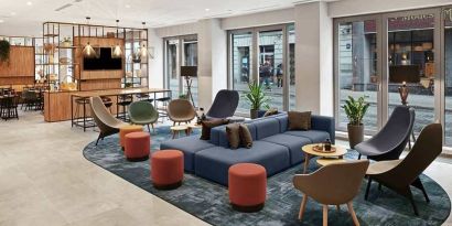 comfortable and spacious lobby and coworking space at Hilton Garden Inn Riga Old Town.