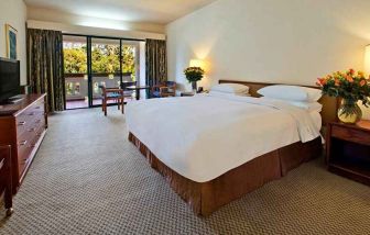 lovely king bedroom with TV and outdoor terrace at Hilton Addis Ababa.