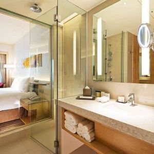 clean and spacious bathroom with shower at DoubleTree by Hilton Hotel Johor Bahru.