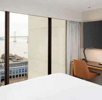 Hotel room with view over the water at the Hyatt Regency San Francisco.