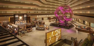 Stylish hotel atrium at the Hyatt Regency San Francisco.