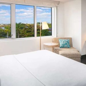 Working station in a hotel room at the Element Miami International Airport.