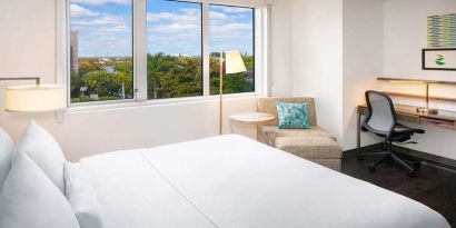 Working station in a hotel room at the Element Miami International Airport.