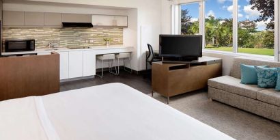 King guestroom with kitchenette at the Element Miami International Airport.