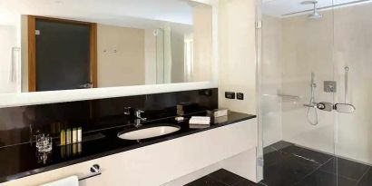 clean and spacious king bathroom with shower at DoubleTree by Hilton Zagreb.