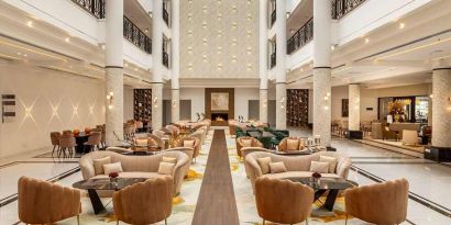 spacious lobby and coworking space at Hilton Nicosia.