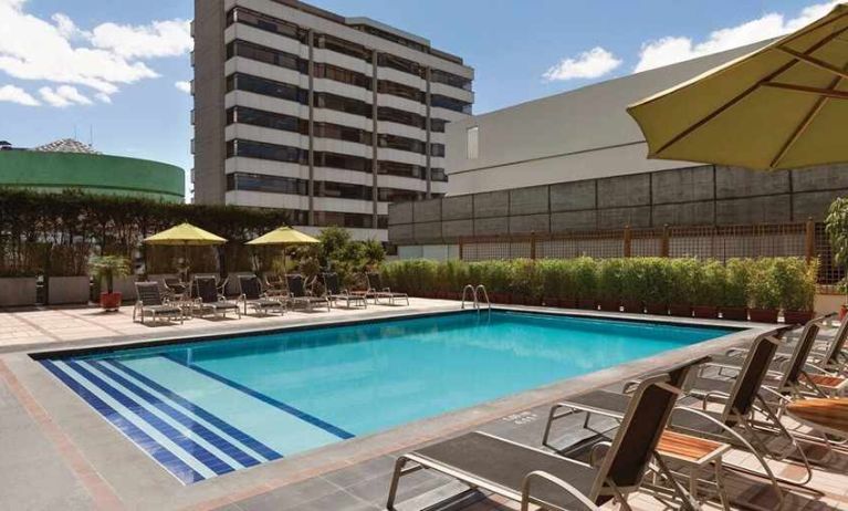 stunning outdoor pool with sunbeds and umbrellas at Hilton Colon Quito.