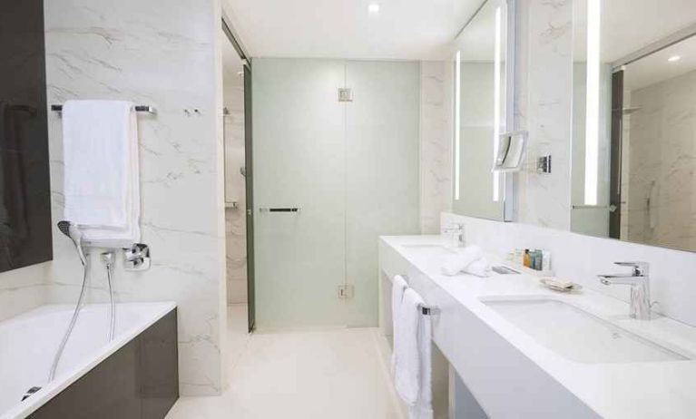 clean and spacious king bathroom with shower and bath at Hilton Tallinn Park.