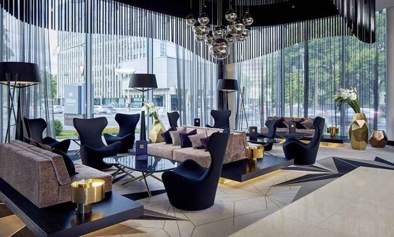 comfortable lobby and coworking space at Hilton Tallinn Park.