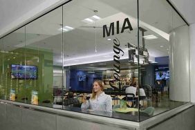 Lobby workspace at Miami International Airport Hotel.