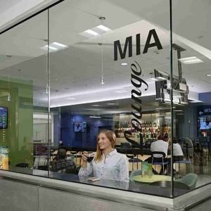 Lobby workspace at Miami International Airport Hotel.