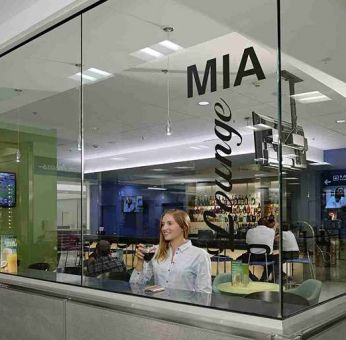 Lobby workspace at Miami International Airport Hotel.