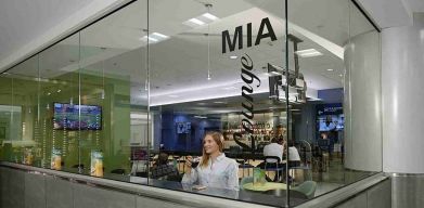 Lobby workspace at Miami International Airport Hotel.