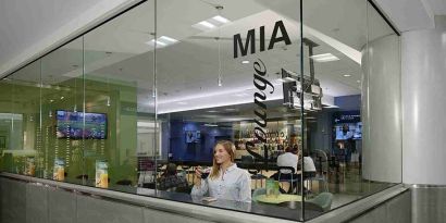 Lobby workspace at Miami International Airport Hotel.