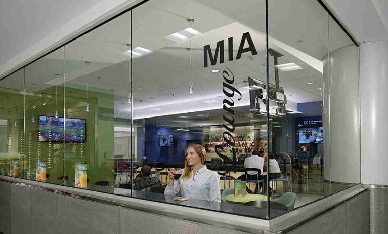 Lobby workspace at Miami International Airport Hotel.