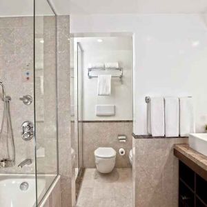 clean and spacious king bathroom with shower and bath at Hilton Cairo Heliopolis.