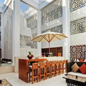 comfortable lobby and coworking space at Hilton Luxor Resort & Spa.