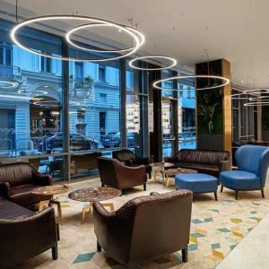 comfortable lobby and coworking space at Hilton Garden Inn Budapest City Centre.