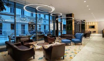 comfortable lobby and coworking space at Hilton Garden Inn Budapest City Centre.