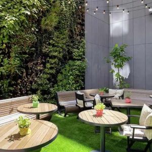 pretty outdoor terrace with seating area ideal for coworking at Hilton Garden Inn Budapest City Centre.