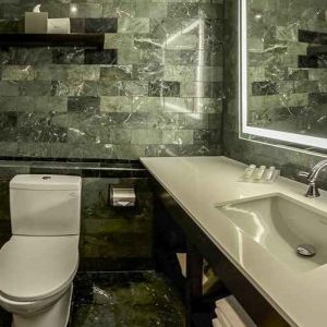 guest bathroom with basin, toilet, and shower at Hilton Garden Inn Guatemala City.