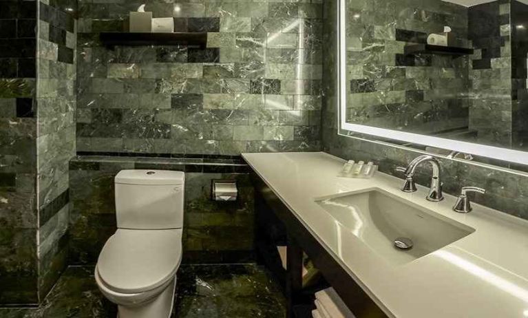 guest bathroom with basin, toilet, and shower at Hilton Garden Inn Guatemala City.