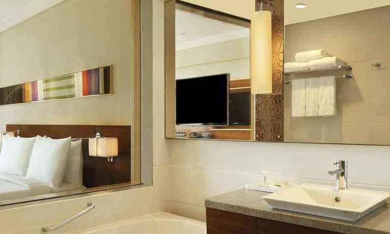 guest bathroom with bath and shower combo at Hilton Chennai.