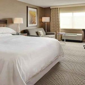 Spacious king suite with TV, business desk, and lounge area at Wyndham Omaha.