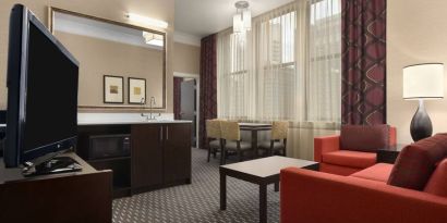 Living room perfect as workspace at the Embassy Suites by Hilton St. Louis Downtown.