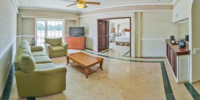 Living room in a hotel suite at the Villa Mercedes Merida, Curio Collection by Hilton.